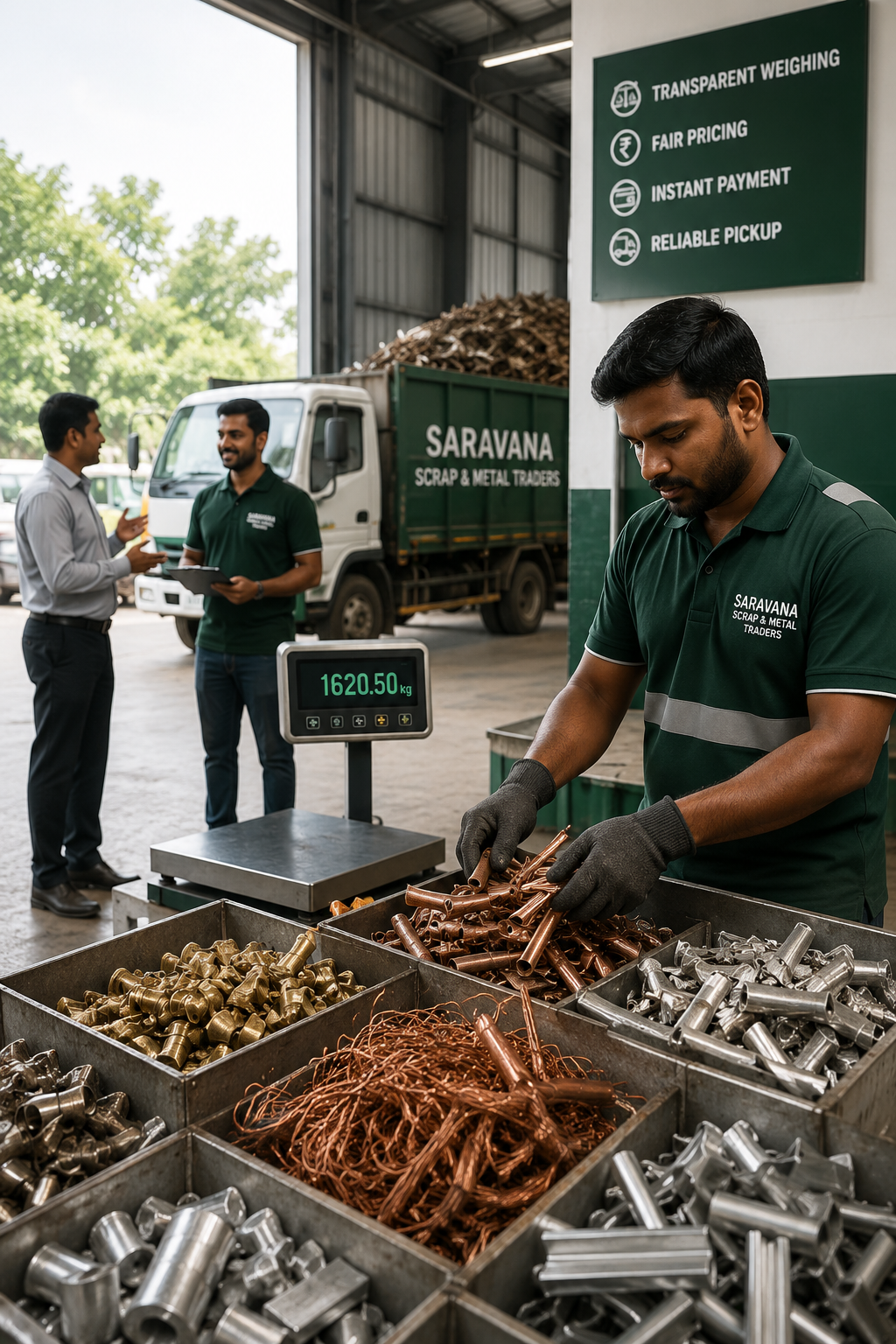 Saravana Scrap team sorting copper, brass and aluminium scrap with digital weighing